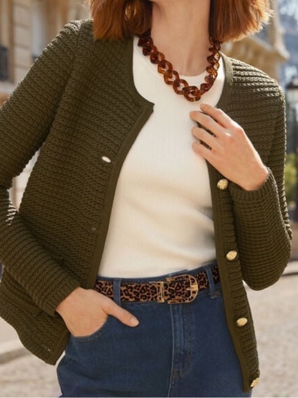 Talbots Olive Green Textured Knit Cardigan with Gold Buttons